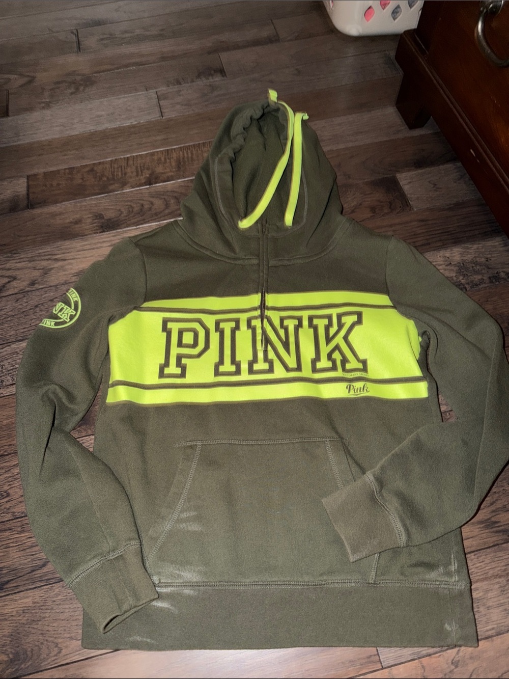 PINK Victoria's Secret Olive Green Hoodie with Neon Yellow Stripe